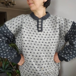 Vintage Norwegian wool knit sweater. Dark and light grey patterned hand knitted buttoned up pullover.