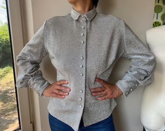 Vintage 70s iridescent Siver Blouse. Tailored Fitted Silhouette Retro blouse. M size