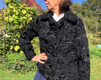 Vintage  black astrakhan fur coat. 60s, 70s classic ladies short coat. M size