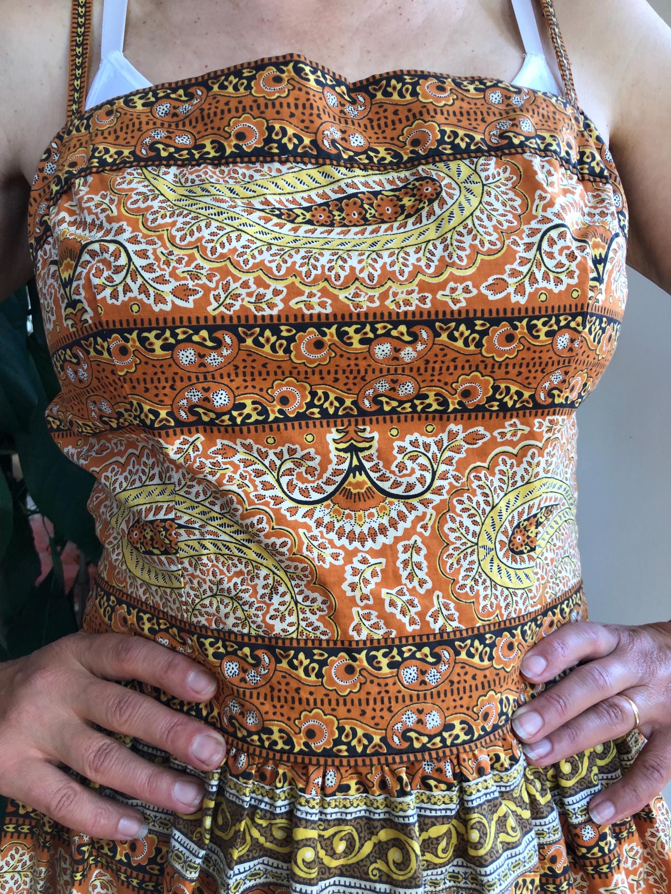 Robe D'été Vintage Faite Main - Imprimé Jaune Et Vert Cachemire - Taille 36/38 - Coton - Occasion Bon état
