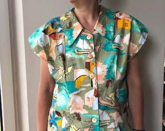 Vintage novelty print cotton blouse. Fitted silhouette sleeveless blouse. L size.
