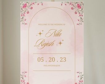 Hindu Wedding Welcome Sign | Pink Floral Gold South Asian Inspired | Editable Printable Sign