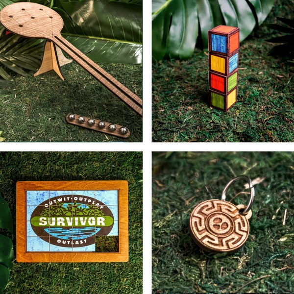 Survivor Party Pack 2 - Paddle Out, 4x4 Slide Puzzle, Colored Block Puzzle, idol Keychain - Survivor TV Show
