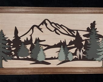 Mountain Scene layered laser cut wood wall art with Medium Brown Wood Frame