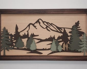 Mountain Scene layered laser cut wood wall art with Dark Brown Wood Frame