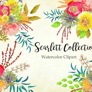 Scarlet collection - individual elements and bouquets, watercolor clipart, leaves, leaf, greenery, flowers, wedding, bridal, green, png, diy