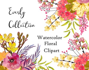 Watercolor Flower Clipart, PNG, Vintage, Boho, Floral, Digital Instant Download, Commercial Use, Leaves, Flowers Clip Art, spring, wedding,