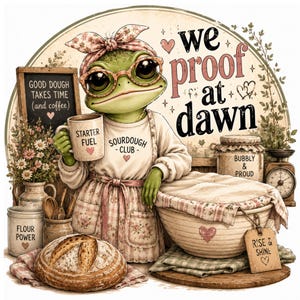 Könnte beinhalten: Ein grüner Frosch mit geblümtem Kopftuch, Brille und Schürze hält eine Tasse mit der Aufschrift STARTER FUEL. Der Text lautet WE PROOF AT DAWN, SOURDOUGH CLUB, GOOD DOUGH TAKES TIME (and coffee), FLOUR POWER, BUBBLY & PROUD und RISE & SHINE.