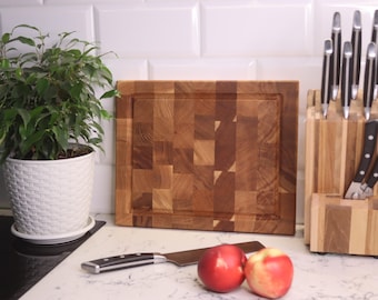 Exclusive end grain cutting board, cutting board, end grain cutting board with a juice groove, butcher block, oak, wood board, gift