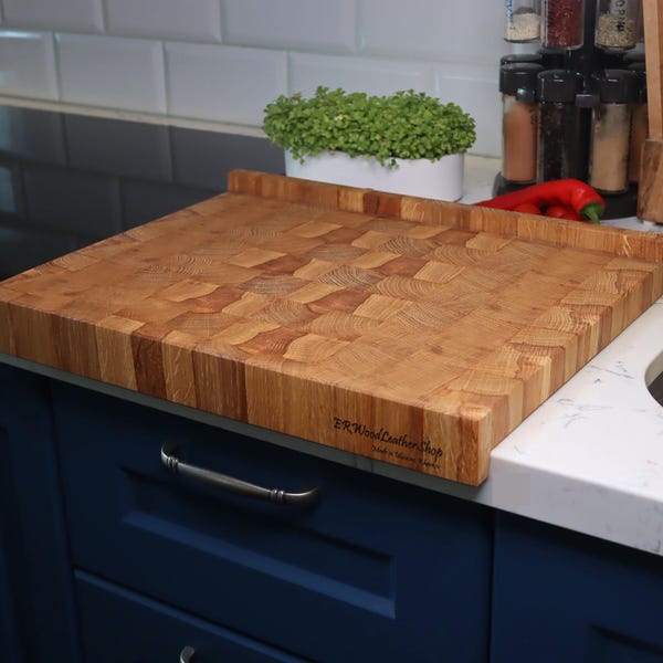 Personalized unique end grain cutting board with double-side counter lip, edge grain cutting board with stop, butcher block, z wood board