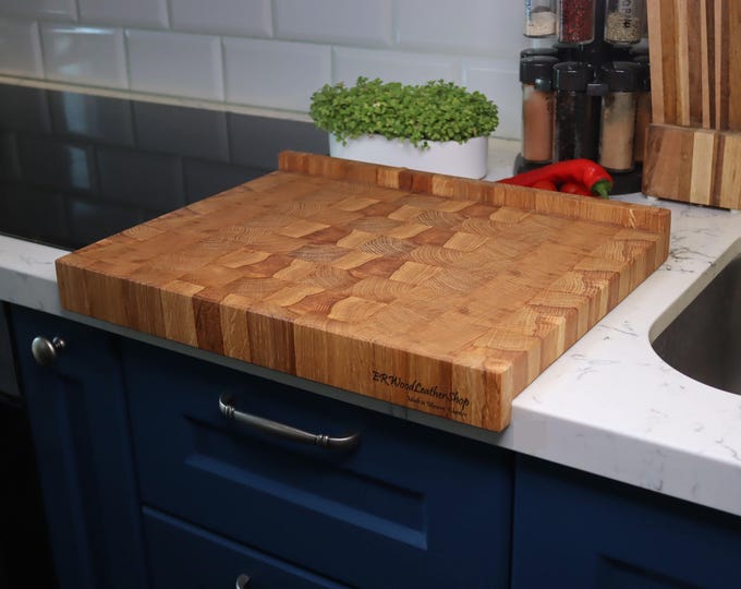 Personalized unique end grain cutting board with double-side counter lip, edge grain cutting board with stop, butcher block, z wood board