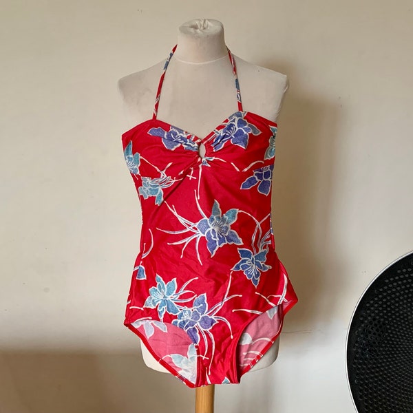 Rare, Vintage, 1980s, BHS, Red, And Blue Floral, Women’s, Swimming Costume, Size 38 B, Swimwear, Collectible, Pin Up, Present, Gift, Prop