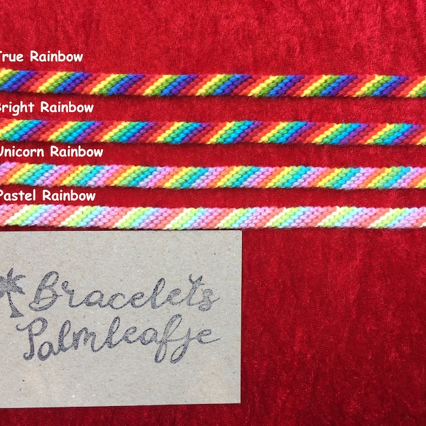Pulsera de amistad True Rainbow, Bright Rainbow, Unicorn Rainbow y Pastel Rainbow hechas a mano por Palmleafje Friendshipbracelet
