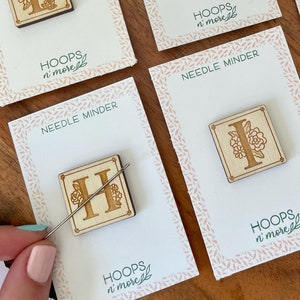 Botanical Monogram Needle Minder, Wood Alphabet Needle Nanny, Magnetic Charms for Needles, Letters F, G, H, I, J, Handmade Supply.