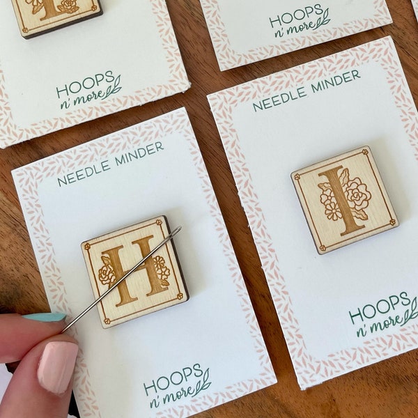 Botanical Monogram Needle Minder, Wood Alphabet Needle Nanny, Magnetic Charms for Needles, Letters F, G, H, I, J, Handmade Supply.