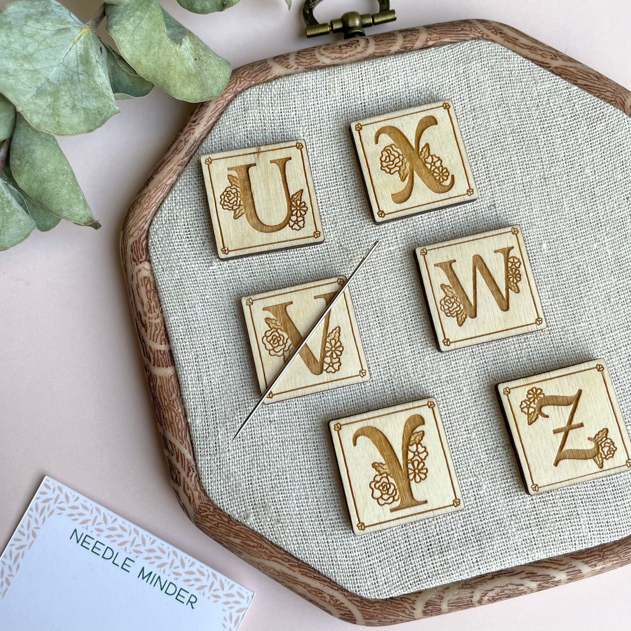 Botanical Monogram Needle Minder: Wood Alphabet Magnetic Needle Nanny