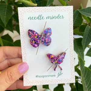 Butterflies Kit Needle Minder, Glittery Resin Needle Nanny, Embroidery & Cross Stitch Magnet, Pack with two Magnets, Gift for Stitcher.