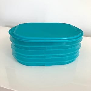 Puede incluir: Una pila de cuatro recipientes de plástico para alimentos de color turquesa idénticos con sus tapas a juego. Cada recipiente tiene una forma rectangular con esquinas redondeadas y un acabado liso de color sólido, apilados verticalmente.