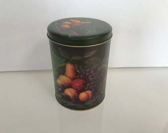 Metal box / Tin box / green with fruit patterns / kitchen storage