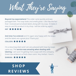 May include: A white box with a gray ribbon and bow, with text that reads "What They're Saying" and includes customer reviews for a soap company. The reviews are positive and mention the quality of the soap, the personalized labels, and the excellent customer service.