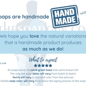All products are handmade with love. We hope you love the natural variations that a handmade product produces as much as we do! The way the products look will vary from batch to batch including colors, swirls, etc.