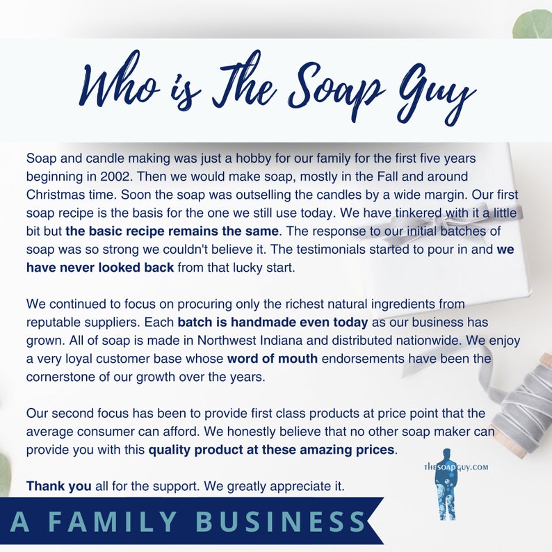 May include: A white background with blue text that reads "Who is The Soap Guy?"  The text is followed by a description of the company's history and how they make handmade soap. The text also mentions that the company is a family business. The image includes the company's website address, "thesoapguy.com".