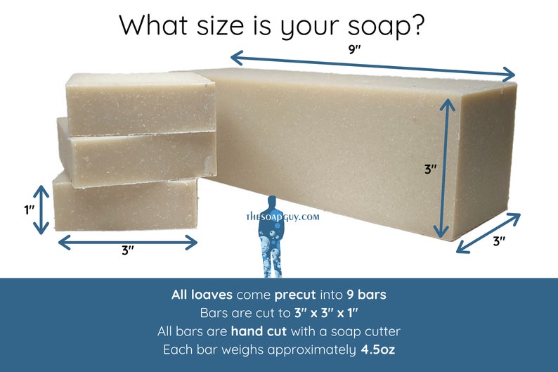 What size is your soap? All loaves come pre-cut into 9 bars. Bars are cut to 3 by 3 by 1 inch. All bars are hand cut with a soap cutter. Each bar weighs approximately 4.5 ounces. Don't want it precut? Leave us a note at checkout!