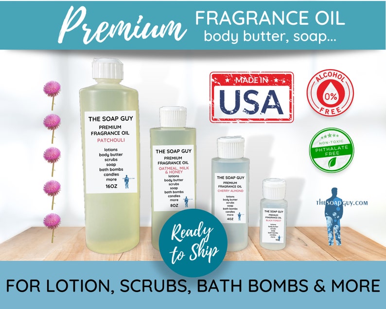 May include: Four clear glass bottles of fragrance oil with white lids and labels. The labels read "The Soap Guy Premium Fragrance Oil" with different scents: Patchouli, Oatmeal, Milk & Honey, Cherry Almond, and Black Pomegranate. The bottles are on a wooden surface with a blue background. The text "Ready to Ship" is in a white circle with a blue border. The text "For Lotion, Scrubs, Bath Bombs & More" is at the bottom of the image.