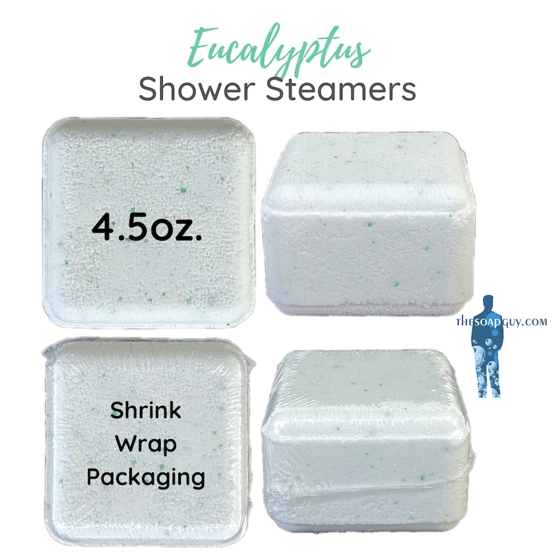 May include: Four white shower steamers with green flecks, each weighing 4.5 ounces. The steamers are packaged in shrink wrap. The text "Eucalyptus Shower Steamers" is at the top of the image. The text "4.5 oz." is on one of the steamers. The text "Shrink Wrap Packaging" is on another steamer.