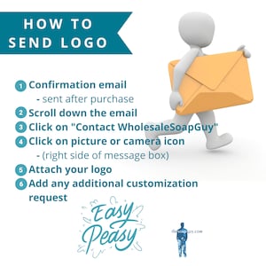 To send us your logo, click on Contact Wholesale Soap Guy in your confirmation email, select the camera icon on the right hand side of the message box, then attach your logo. Easy Peasy!