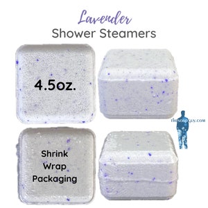 May include: Four lavender-scented shower steamers, each weighing 4.5 ounces. The steamers are white with blue flecks and are packaged in shrink wrap.