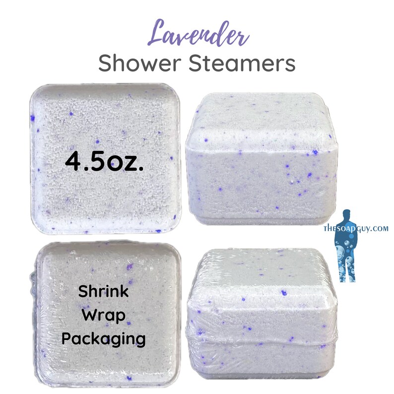 May include: Four lavender-scented shower steamers, each weighing 4.5 ounces. The steamers are white with blue flecks and are packaged in shrink wrap.
