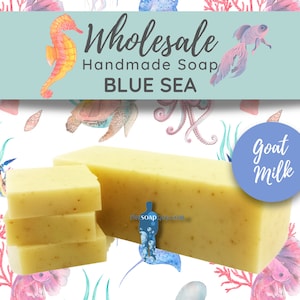 May include: A stack of four bars of handmade goat milk soap with a blue sea scent. The soap is light yellow and has a grainy texture. The soap is surrounded by a white background with a watercolor pattern of sea creatures, including seahorses, jellyfish, and turtles.