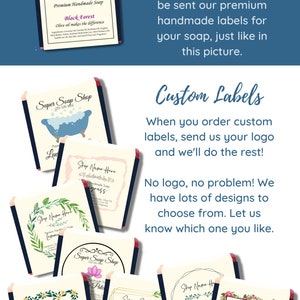 When you order our standard labels, you will be sent our premium handmade labels for your soap. When you order custom labels, send us your logo and we’ll do the rest! No logo, no problem. We have lots of designs for you to choose from.