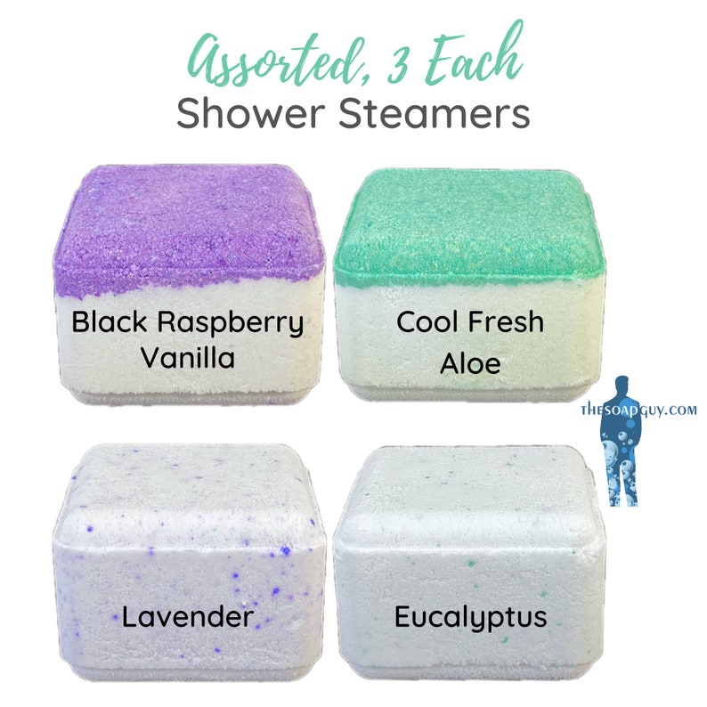 May include: Four shower steamers, each in a different color and scent. The scents are Black Raspberry Vanilla, Cool Fresh Aloe, Lavender, and Eucalyptus. The steamers are packaged in a set of three.