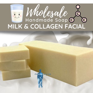 May include: A bar of white handmade soap with the words "Wholesale Handmade Soap" and "Milk & Collagen Facial" on a brown background. The soap is surrounded by white liquid, resembling milk.