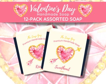 12 Bars of Handmade Soap, Valentine's Day, Fun Bar Soap Gifts for Her, Him, and Kids | Heart