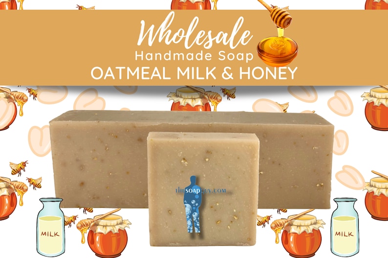 May include: Two bars of oatmeal milk and honey soap, one large and one small, on a white background with a honey jar and milk bottle illustration. The soap is a light brown colour with flecks of oatmeal. The text "Wholesale Handmade Soap OATMEAL MILK & HONEY" is at the top of the image.