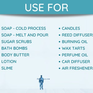 May include: A white background with blue text listing various uses for essential oils, including soap, candles, reed diffusers, and more.