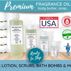 May include: Image of fragrance oil bottles from The Soap Guy. The bottles are labeled with scents like Patchouli, Oatmeal Milk & Honey, and Cherry Almond. The image includes text that says "Made in USA", "Alcohol 0% Free", and "Non-Toxic Phthalate Free".