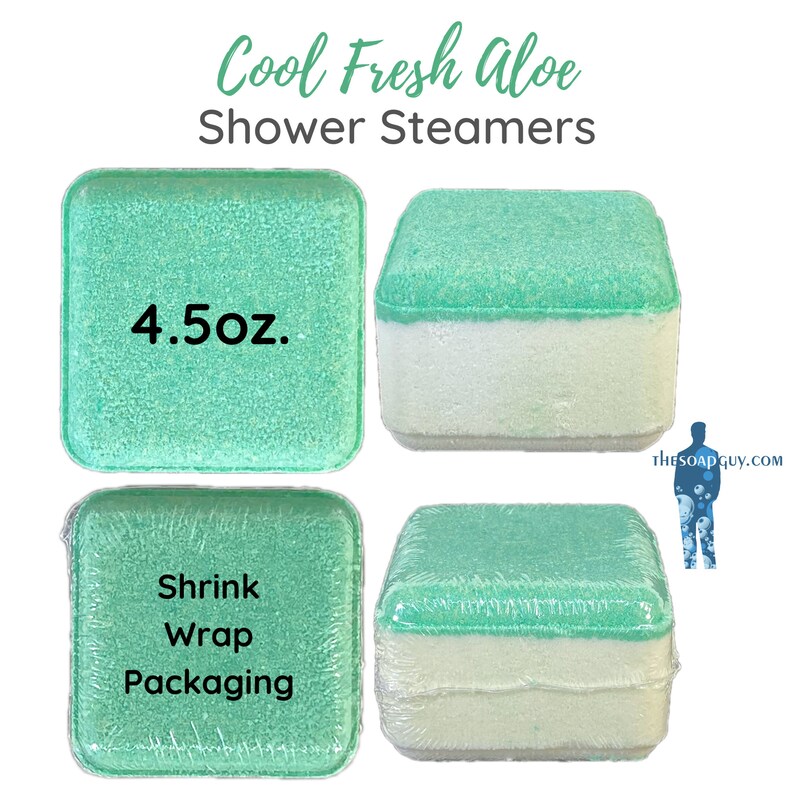 May include: Four shower steamers in shrink wrap packaging. Each steamer is a square, with a green top and a white bottom. The steamers are labeled "Cool Fresh Aloe Shower Steamers" and "4.5 oz."
