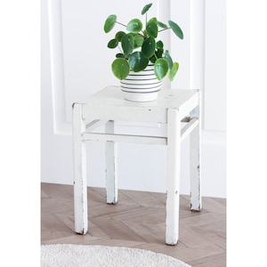 Taburete de madera vintage Taburete blanco Mid Century Boho Mesa auxiliar Taburete de flores Pátina de madera Taburete de planta Casa de campo Banco de flores