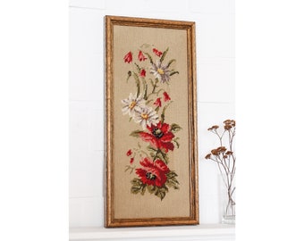 Mid Century Stickbild Botanical Bild Gobelin Wandbild Rahmen Holz Holzrahmen floral Natur Vintage Handgemacht Retro Handarbeit Kunst Blumen