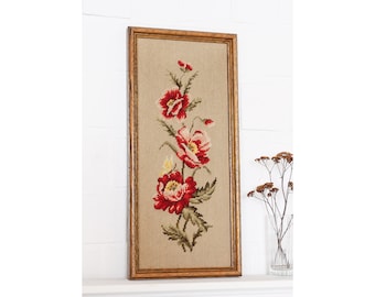 Mid Century Stickbild Botanical Bild Gobelin Wandbild Rahmen Holz Holzrahmen floral Natur Vintage Handgemacht Retro Handarbeit Kunst Blumen