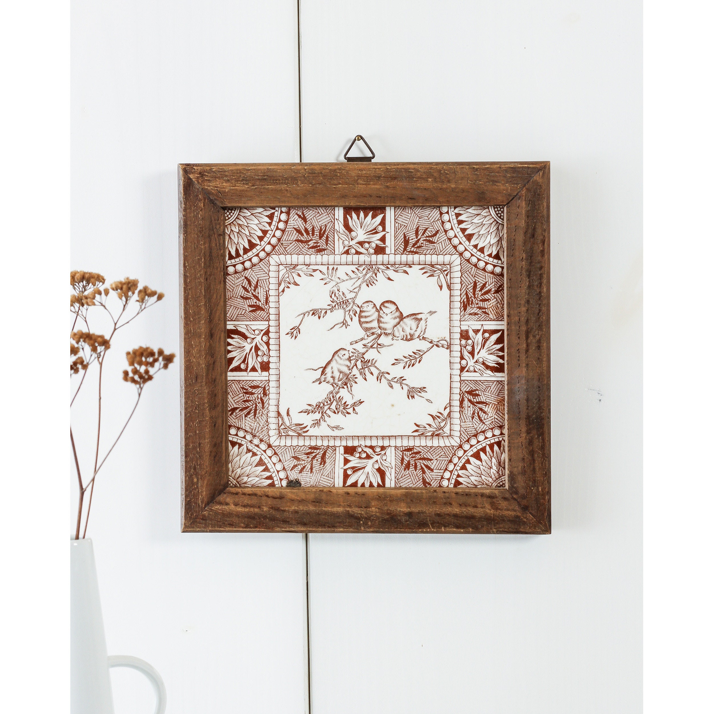 Vintage Picture Wall Ceramic Tile Picture Ceramic Wooden Frame Birds Floral Square Square Pattern Graphic Mid Century retro brown