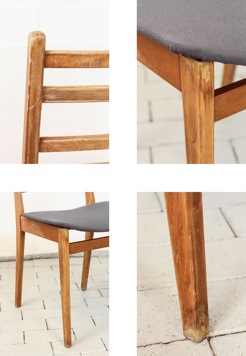K&ouml;nnte beinhalten: Ein Holzstuhl mit einem grauen Stoffbezug. Der Stuhl hat ein schlichtes Design mit vier Beinen und einer Lattenr&uuml;cklehne. Der Stuhl ist in gutem Zustand, weist aber Gebrauchsspuren auf.
