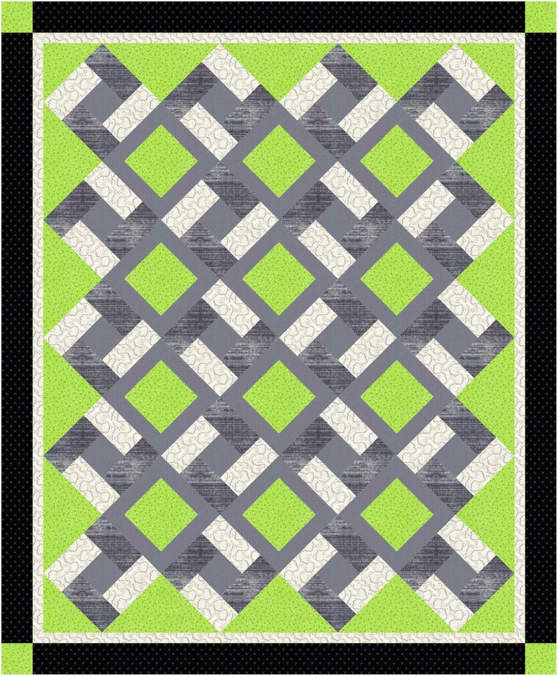 K&ouml;nnte beinhalten: Eine geometrische Steppdecke mit einem sich wiederholenden Muster aus grauen, wei&szlig;en und limettengr&uuml;nen Rauten und Rechtecken. Die Steppdecke hat einen schwarzen Rand mit wei&szlig;en Punkten und einen schwarzen Rahmen.