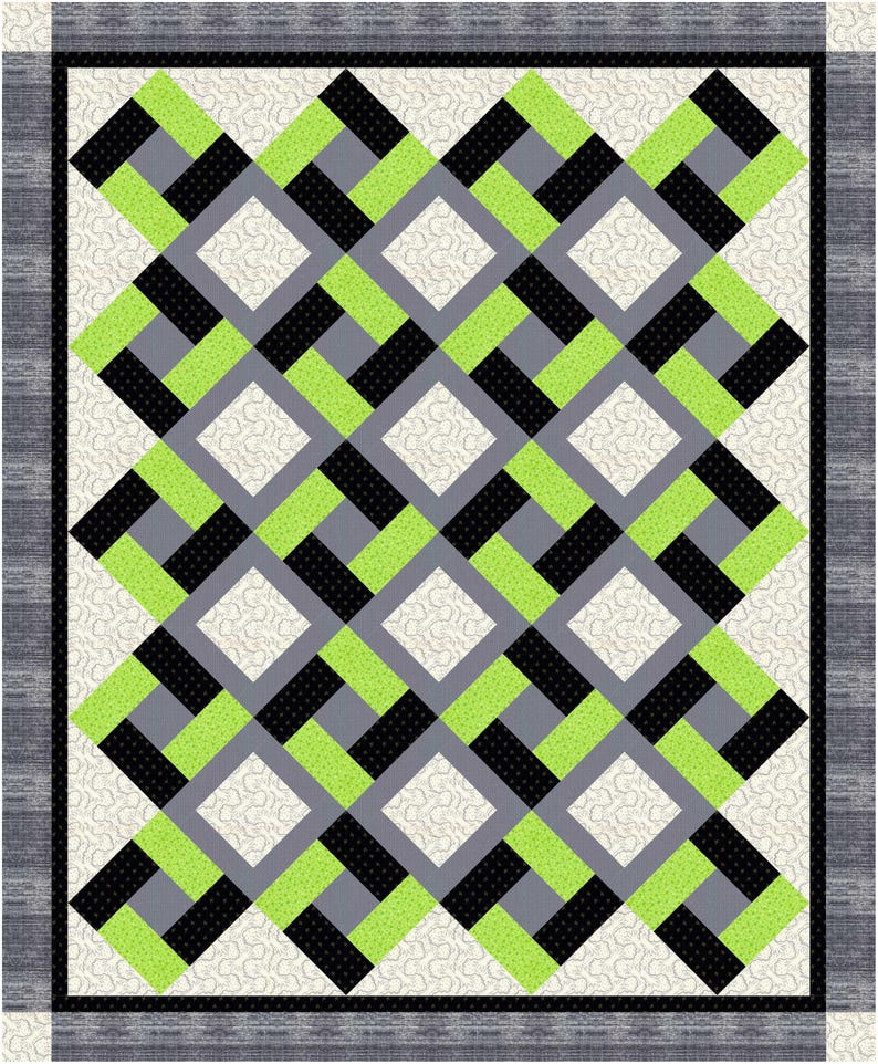 K&ouml;nnte beinhalten: Ein geometrischer Quilt mit einem sich wiederholenden Muster aus schwarzen, grauen und leuchtend gr&uuml;nen Bl&ouml;cken. Das Design erzeugt einen rautenf&ouml;rmigen Effekt auf cremefarbenem Hintergrund, umrahmt von einem grauen Rand. Die Abmessungen des Quilts sind nicht sichtbar.