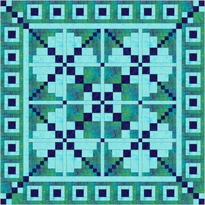 May include: A square quilt featuring a geometric pattern in shades of teal, turquoise, and dark navy blue. The design consists of four central blocks with light blue star-like motifs, surrounded by a border of alternating dark and light squares.