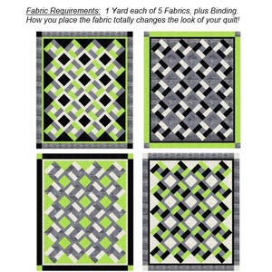 K&ouml;nnte beinhalten: Ein Patchwork-Quilt-Muster mit vier Variationen. Die fertige Gr&ouml;&szlig;e betr&auml;gt 135 cm x 165 cm. Jedes Design zeigt geometrische Muster in Schwarz, Grau, Wei&szlig; und Limettengr&uuml;n. Der Text "PATCHWORK" und "JIS32" stehen oben.